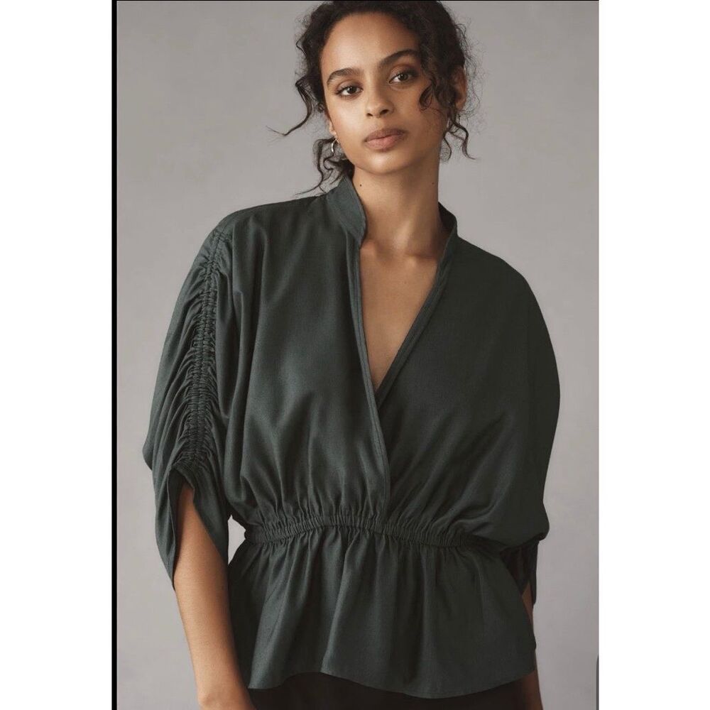 Maeve Anthropologie Ruched Sleeve Peplum Top Green Linen Blend small #700
